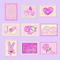 Cute stamps in shades of gray with the image of hearts, roses, clasps, inscriptions love and patterns Royalty Free Stock Photo